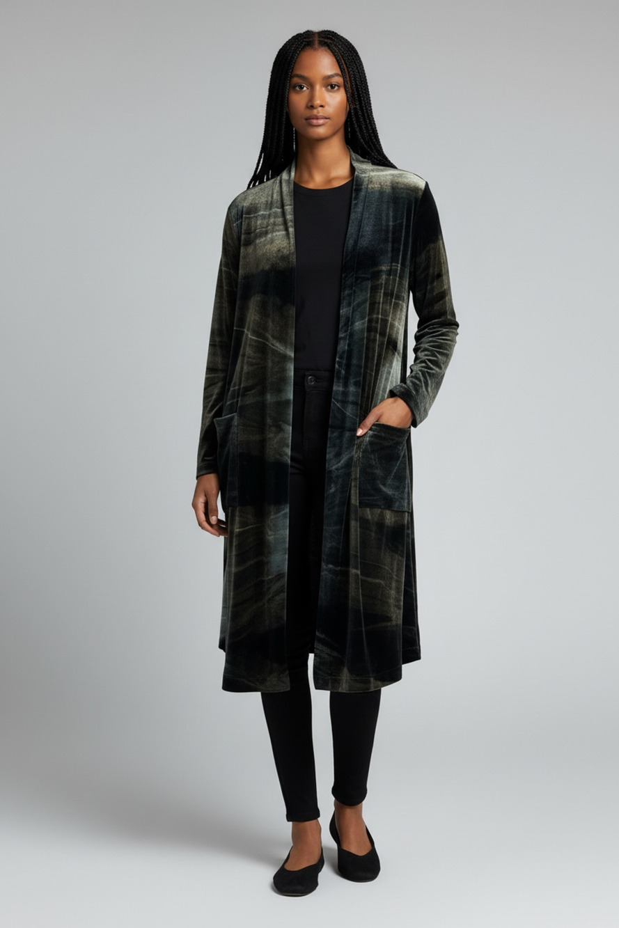 Alembika Velvet Duster Jacket 6 US 16-18 Art to Wear Green Pockets Lagenlook